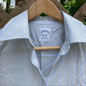 Brooks Brothers button down v-neck shirt, in blue, white and tan stripes, size 4